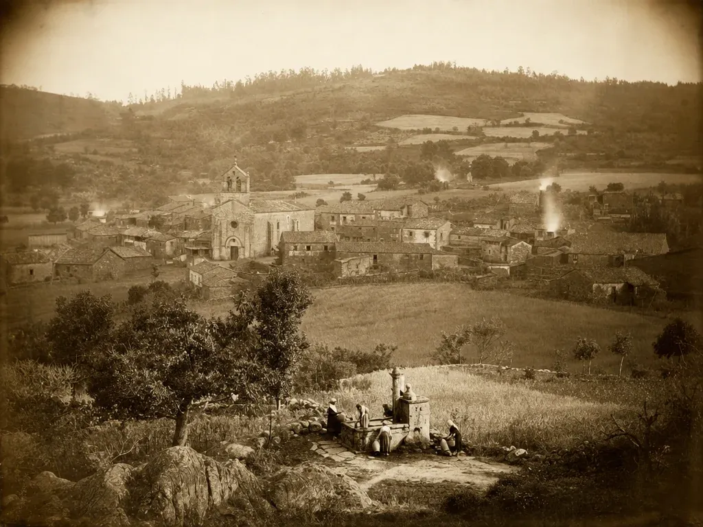 Recreación con aspecto de foto antiga: unha aldea galega de casas de pedra arredor da igrexa