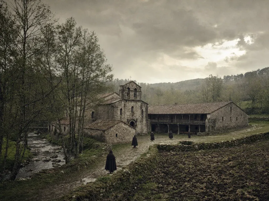 Recreación: un pequeno mosteiro medieval de pedra xunto a un regato, con monxes cruzando o patio
