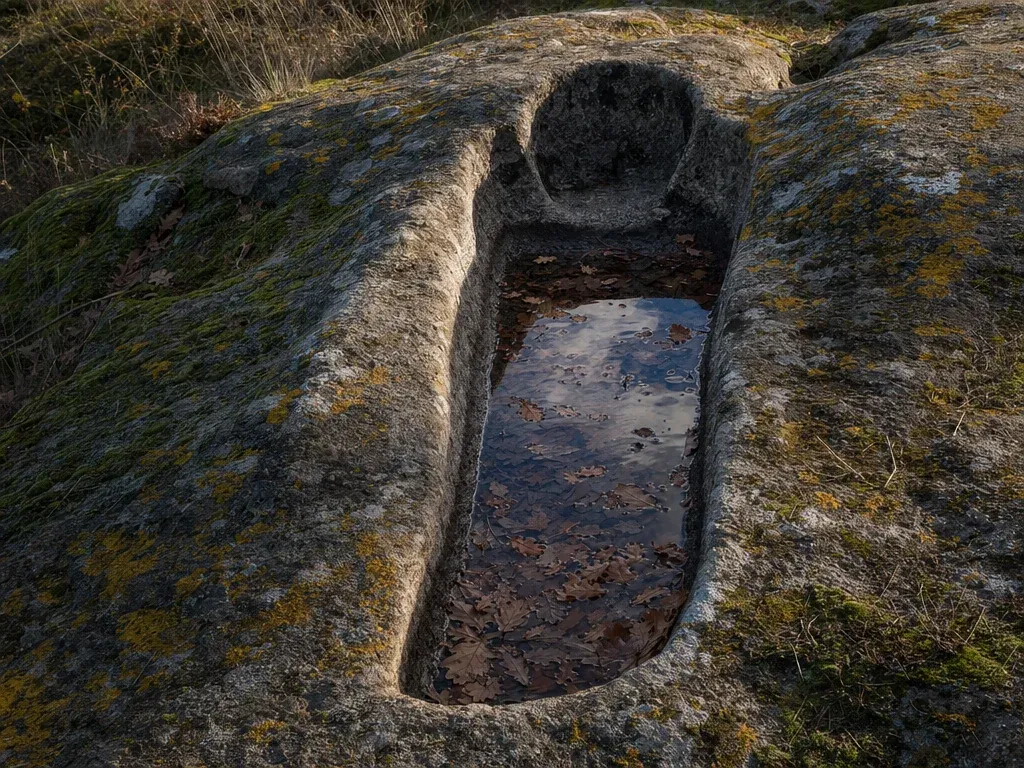 Recreación: unha tumba medieval escavada na rocha, con forma de corpo e auga de chuvia no fondo