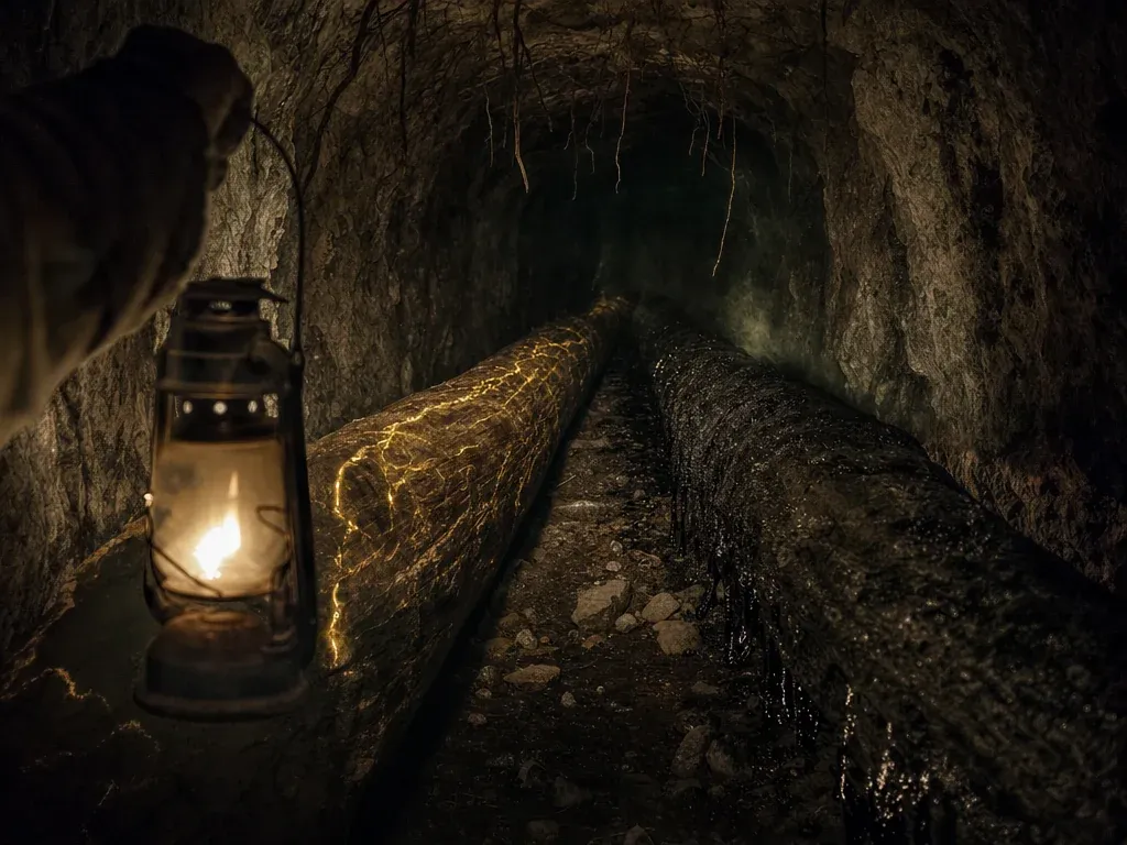Recreación da lenda: un túnel baixo o pobo cun farol e dúas trabes xigantes, unha con veas de ouro